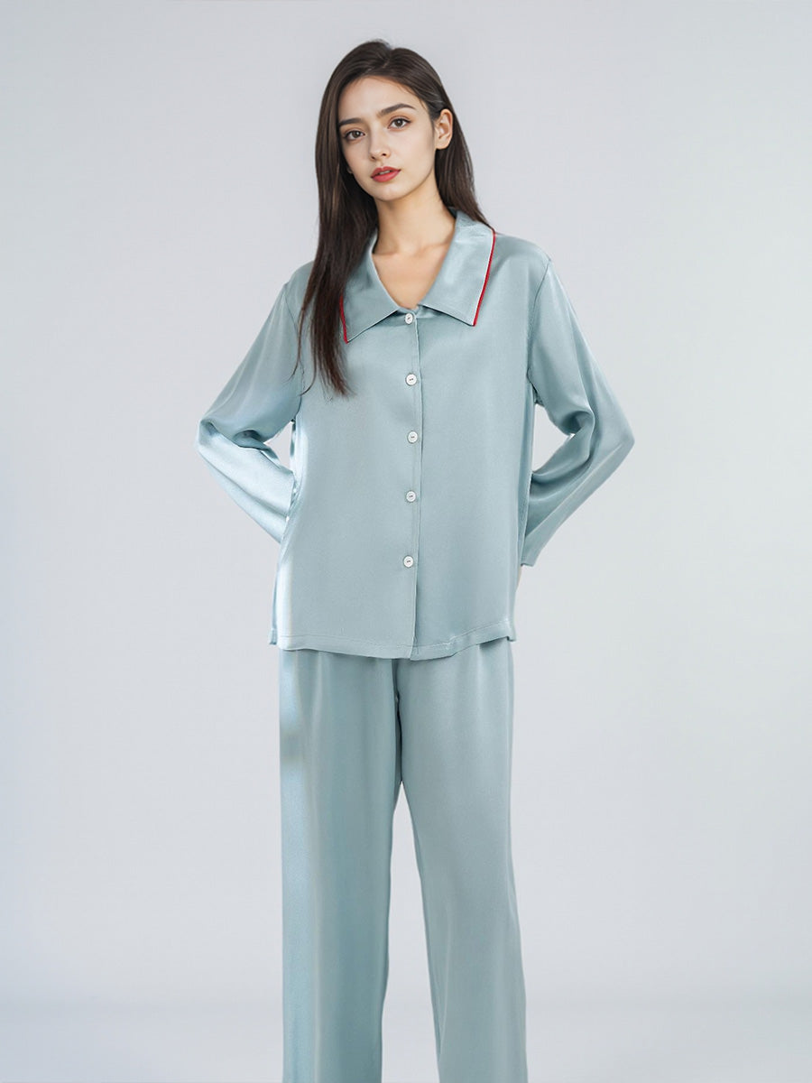 Contrast Trim Notched Collar Long Sleeve Pajama Set