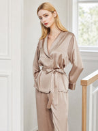 100% Mulberry Silk Wrap Belted Pajama Set Contrast Piping Trim