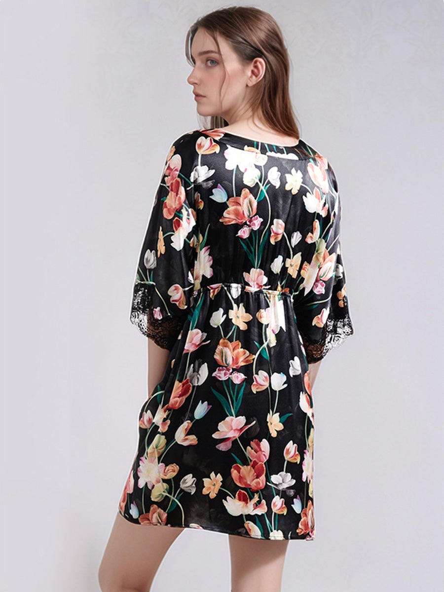 Loose Vintage Floral 100% Mulberry Silk Short Nightdress