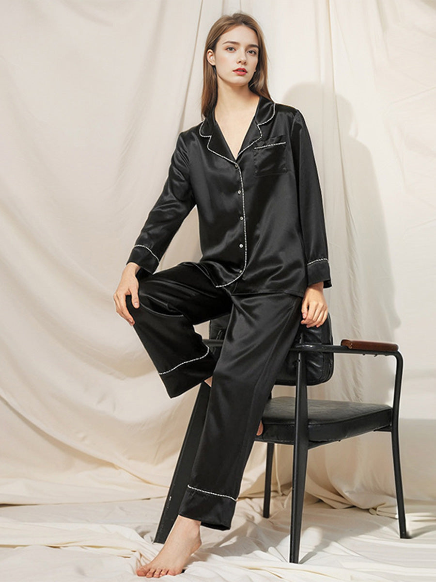 100% Mulberry Silk Rhinestone Trim Notched Collar Pajama Set
