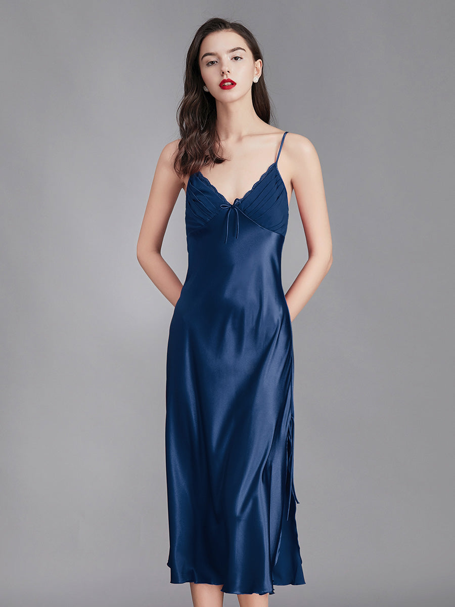 Navy Blue Satin Lace Trim Slip Dress
