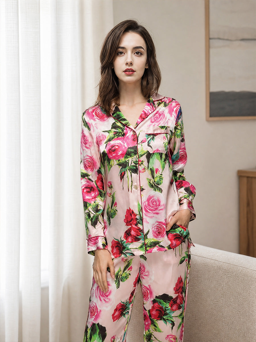 Women Floral Print 100% Mulberry Silk Long Sleeve Pajama Set