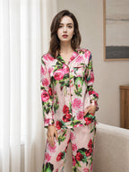 Women Floral Print 100% Mulberry Silk Long Sleeve Pajama Set