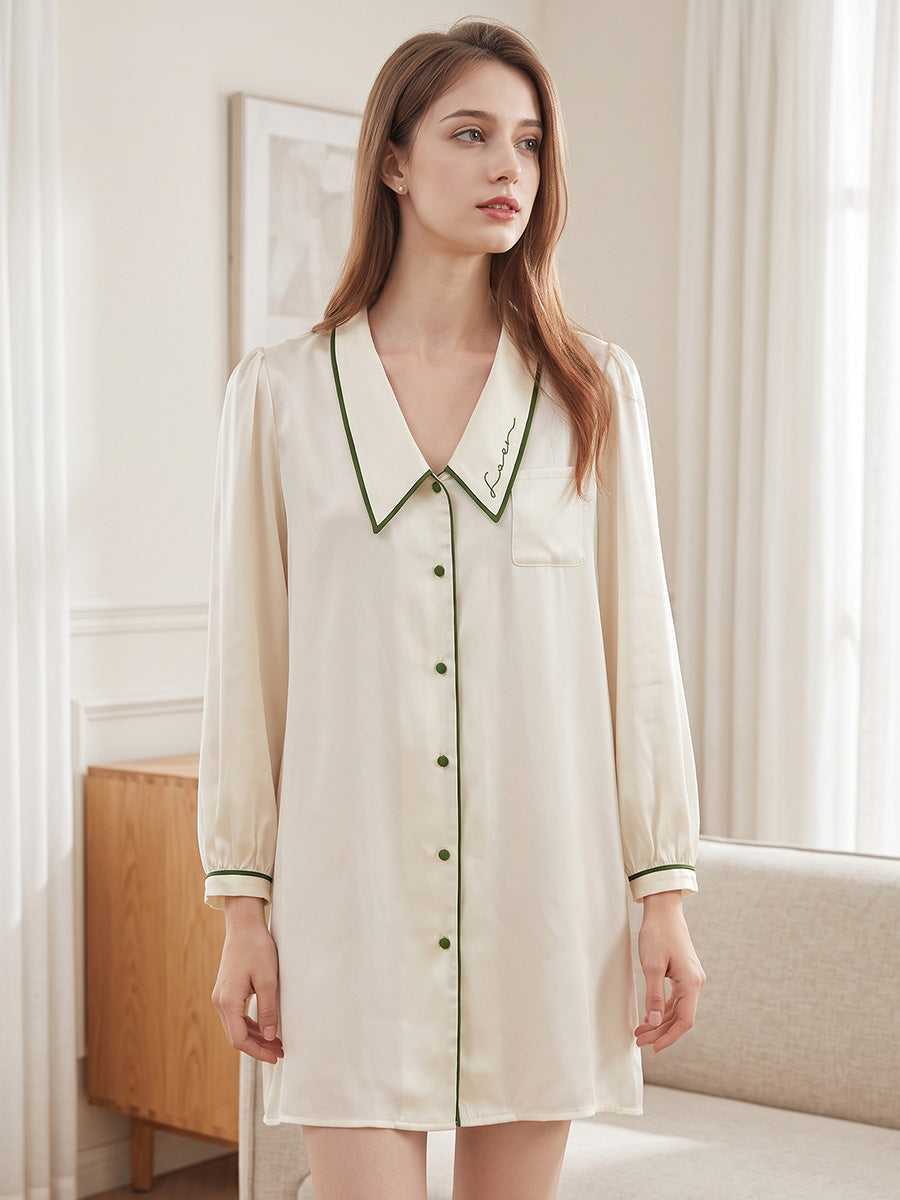 Notched Collar Button Front 100% Pure Silk Nightshirt