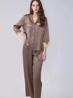 3/4 Sleeve Button Top & Long Pants Silk Sleepwear Set