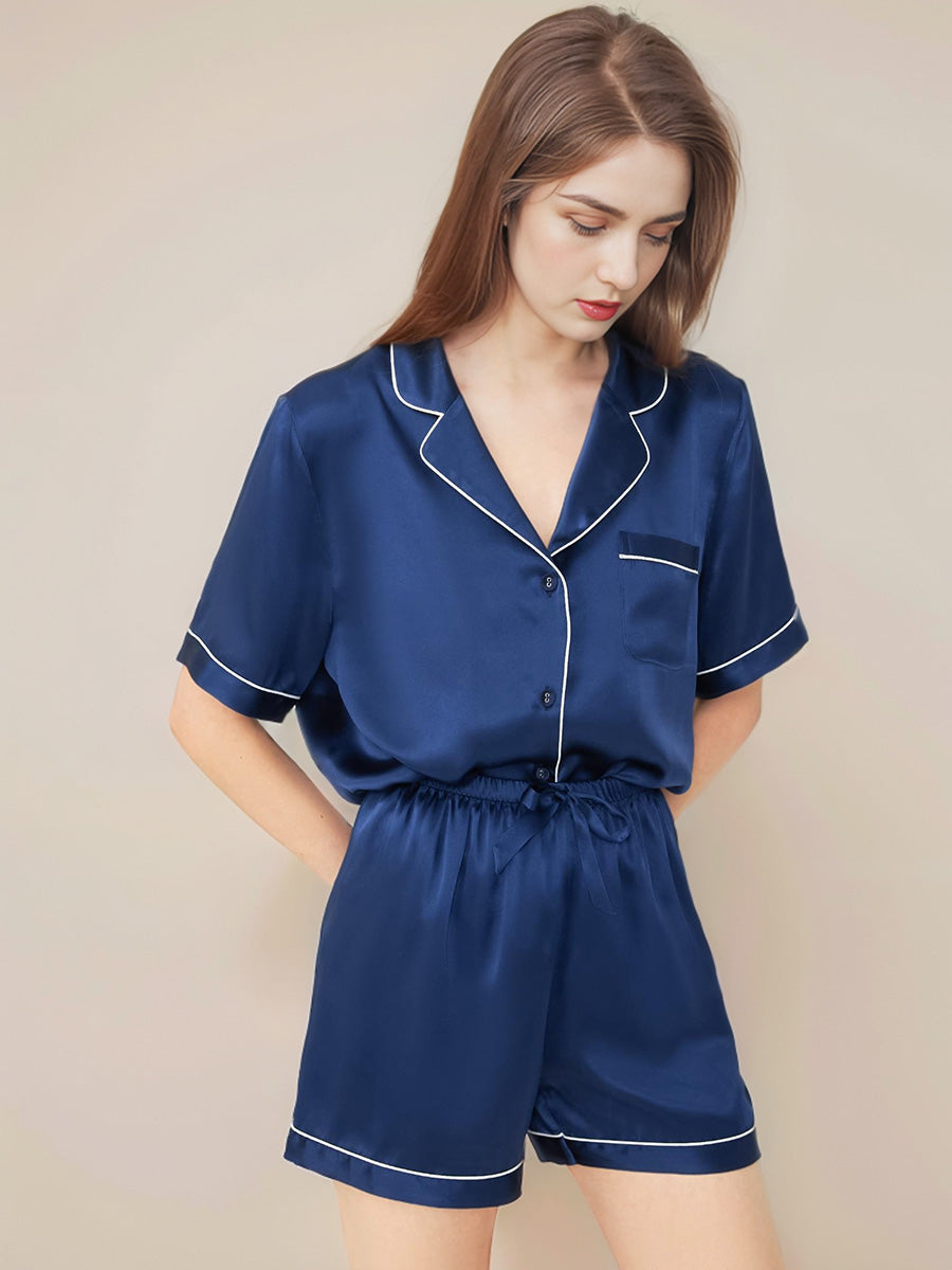 Notched Collar Button Down Top & Shorts Silk Sleepwear Set