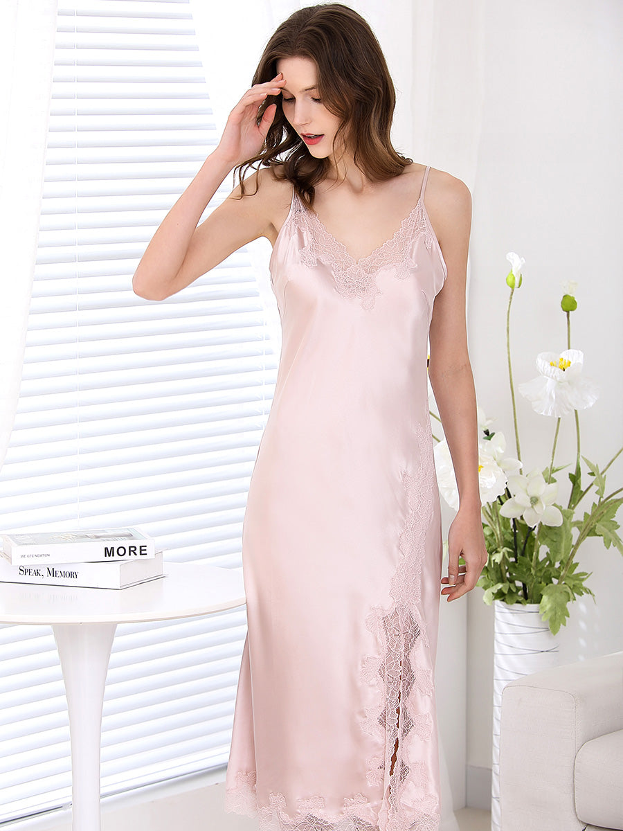 19 Momme Silk Slip Dress with Floral Lace