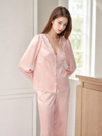 Scalloped Embroidered Bust Button Front Pure Silk Sleepwear Set
