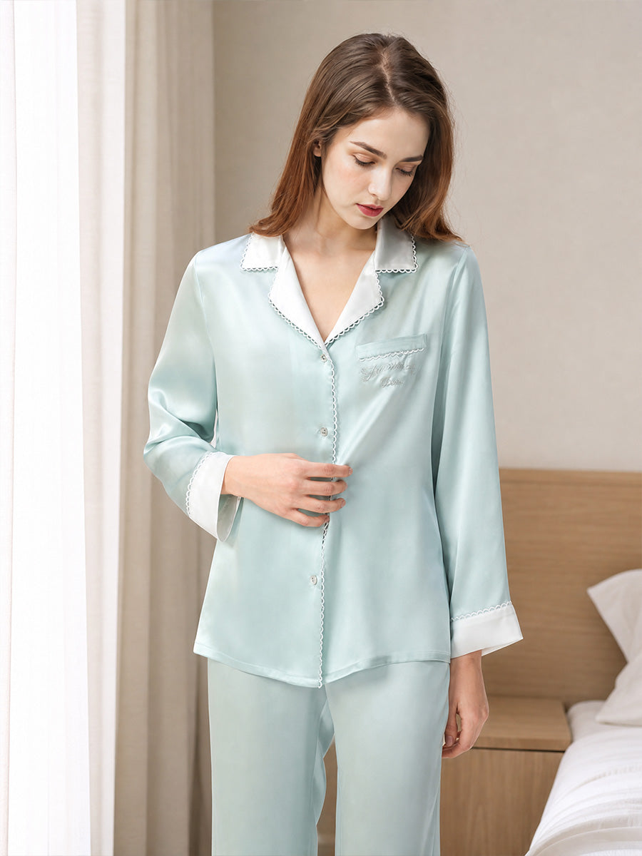 100% Mulberry Silk Contrast Collar Scalloped Trim Long Sleeve Pajama Set