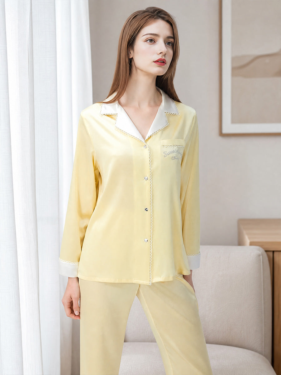 100% Mulberry Silk Contrast Collar Scalloped Trim Long Sleeve Pajama Set