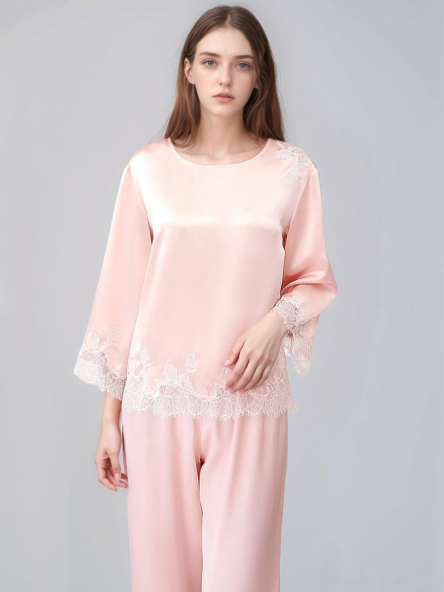 100% Mulberry Silk 3/4 Sleeve Pajama Set with Scalloped Lace Trim
