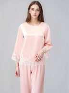 100% Mulberry Silk 3/4 Sleeve Pajama Set with Scalloped Lace Trim