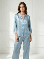 100% Mulberry Silk Lace Trim 3/4 Sleeve Pajama Set