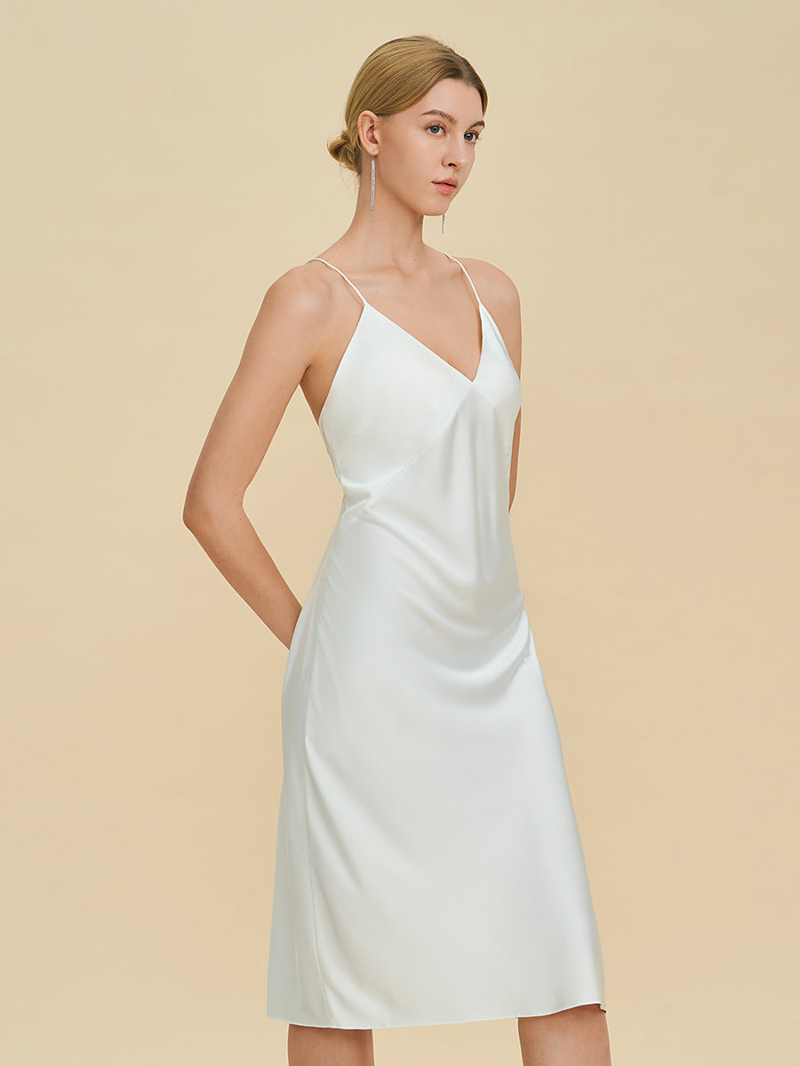 White Satin Midi Slip Dress with Crisscross Back