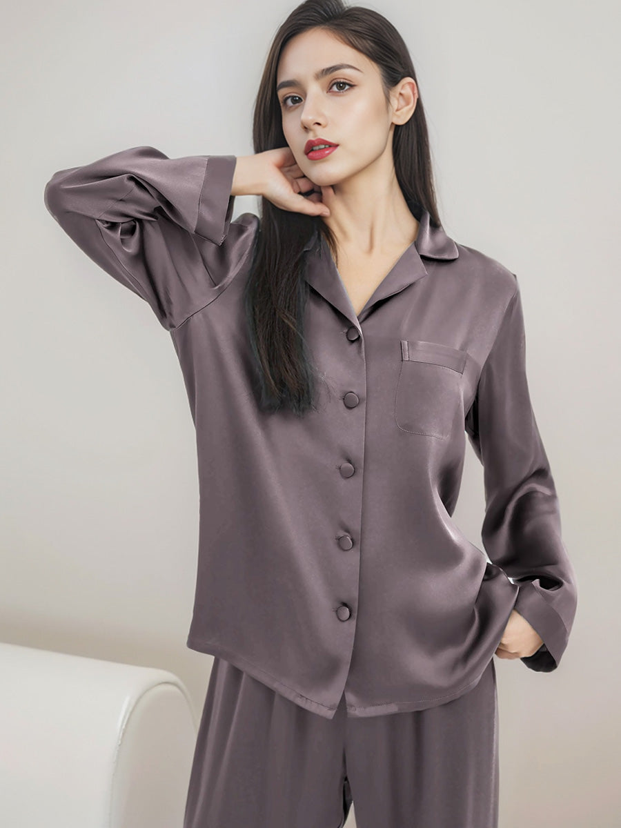 Classic Button Front Top & Long Pants Silk Sleepwear Set