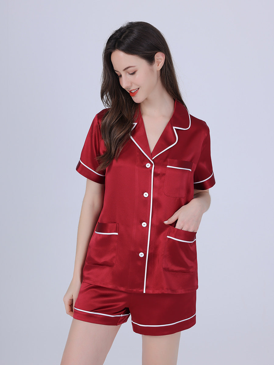 25 Momme Silk Short Sleeve Pajama Set with Contrast Piping