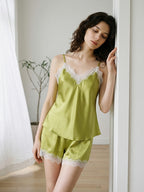 Romantic Lace 100% Mulberry Silk Camisole Short Pants Pajamas