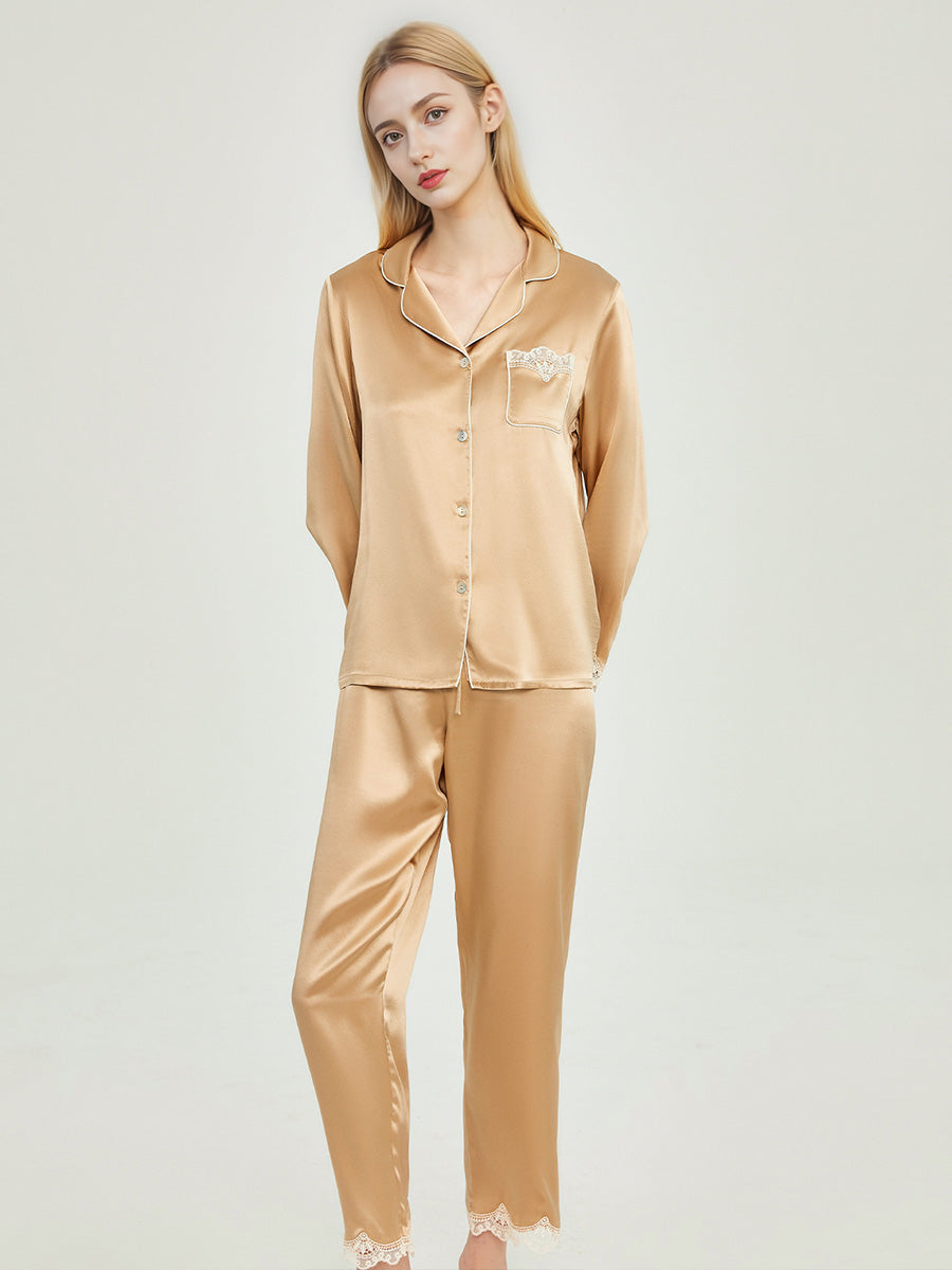 100% Mulberry Silk Scalloped Lace Trim Long Sleeve Pajama Set