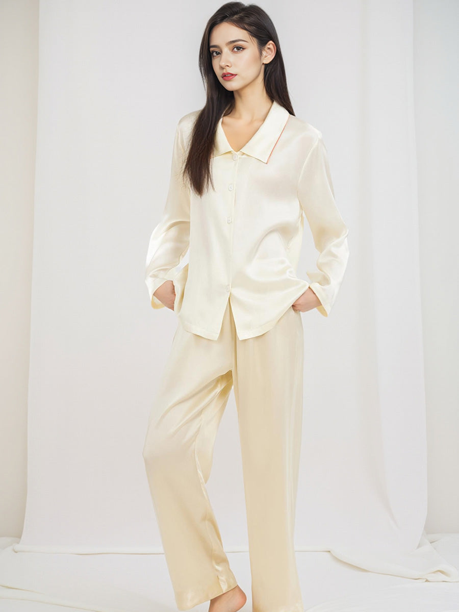 Contrast Trim Notched Collar Long Sleeve Pajama Set