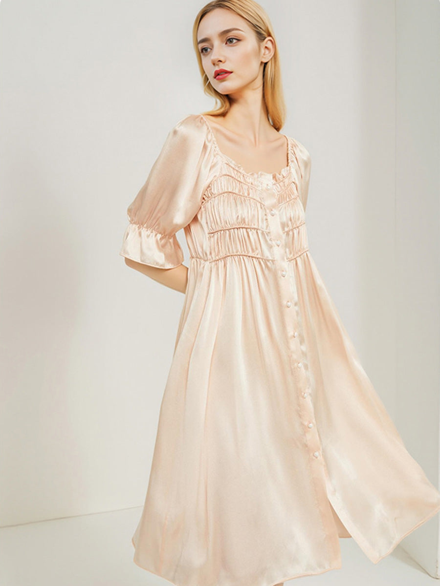 Designer Tiered Shirred Front 100% Mulberry Silk Satin Mid-Length Nightdress