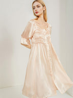 Designer Tiered Shirred Front 100% Mulberry Silk Satin Mid-Length Nightdress