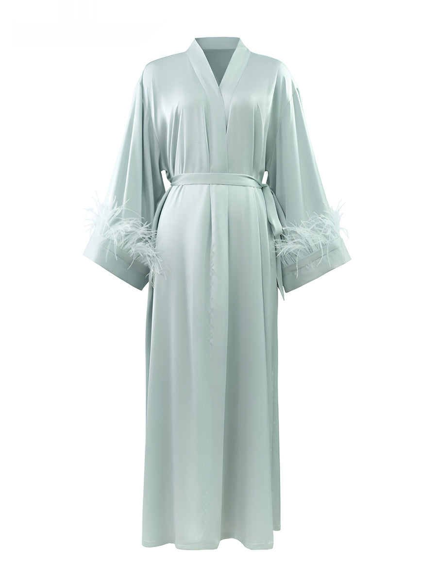 Light Blue Satin Maxi Robe with Feather Cuffs
