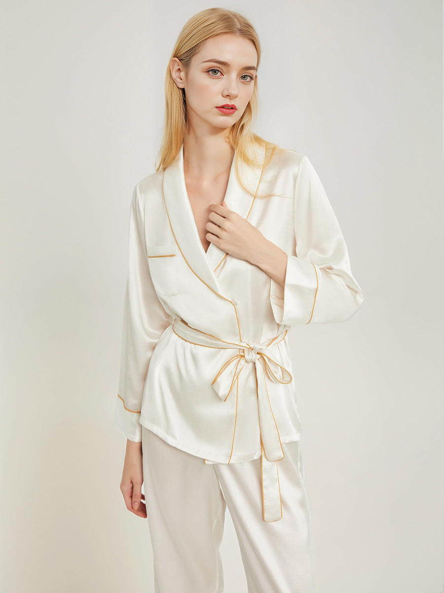100% Mulberry Silk Wrap Belted Pajama Set Contrast Piping Trim