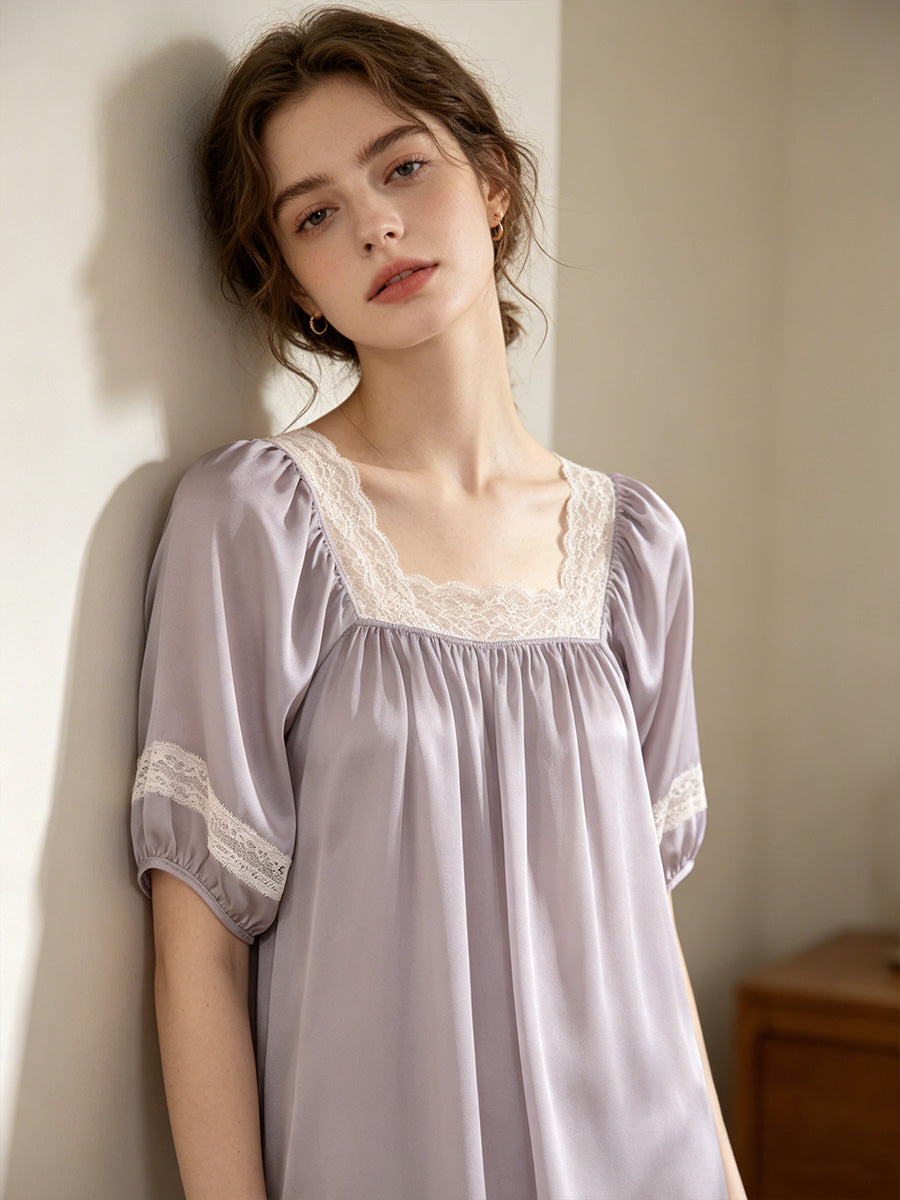 100% Mulberry Silk Lace Square Neck Short Sleeve Midi Nightgown