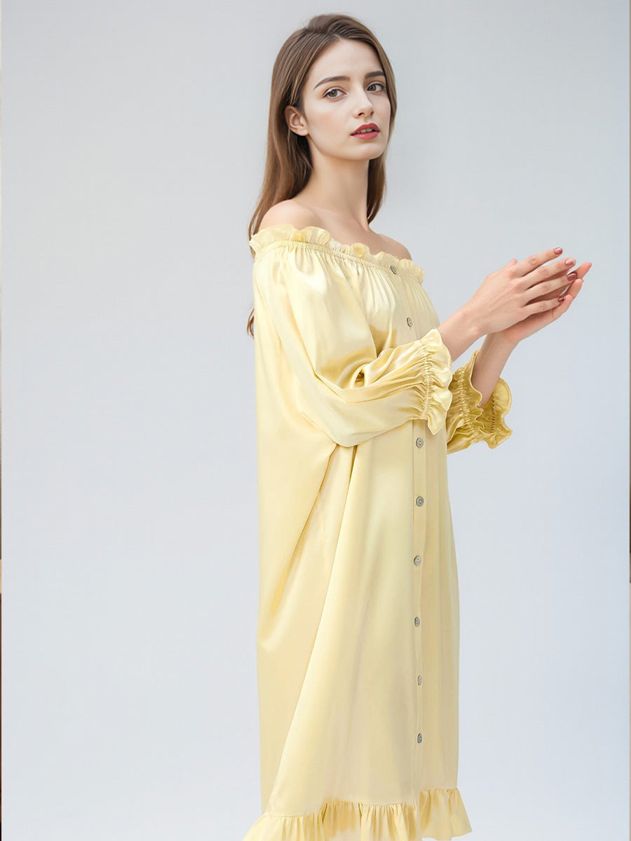 Puff Ruffle Cuff 3/4 Sleeve 100% Pure Silk Sleep Dress