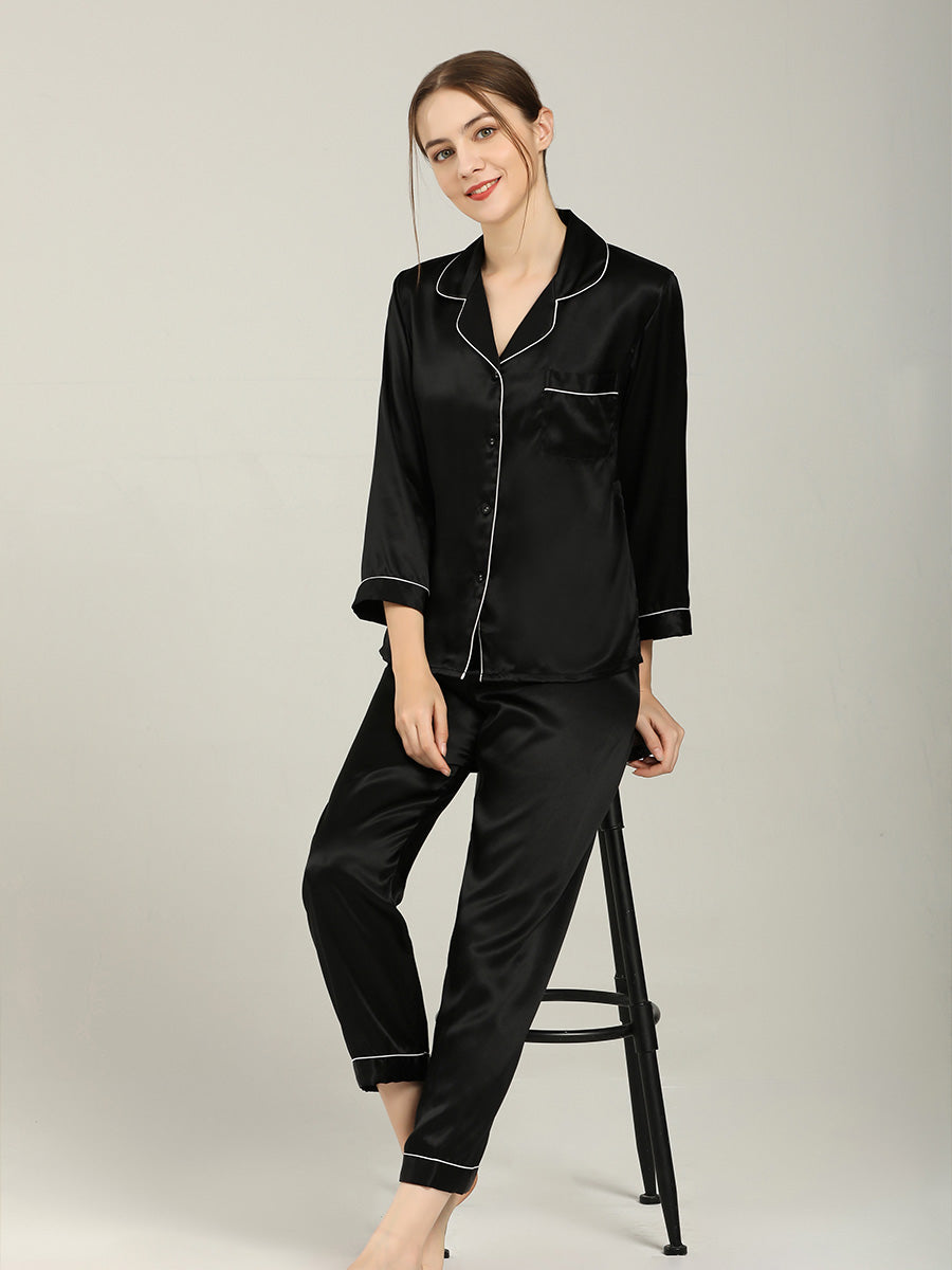 19 Momme Silk Long Sleeve Pajama Set with Contrast Piping
