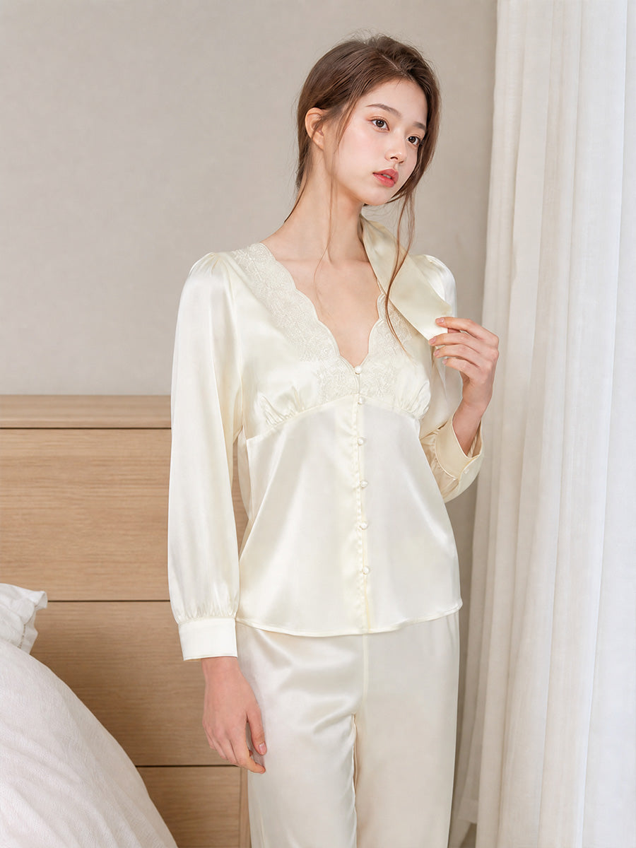 Scalloped Embroidered Bust Button Front Pure Silk Sleepwear Set