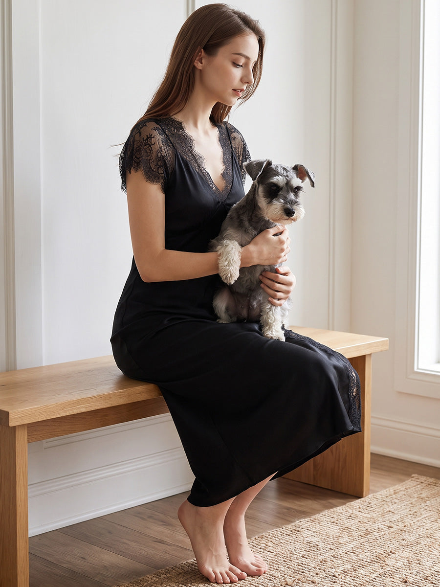 Lace Trim Slit Silk Blended Satin Midi Nightdress