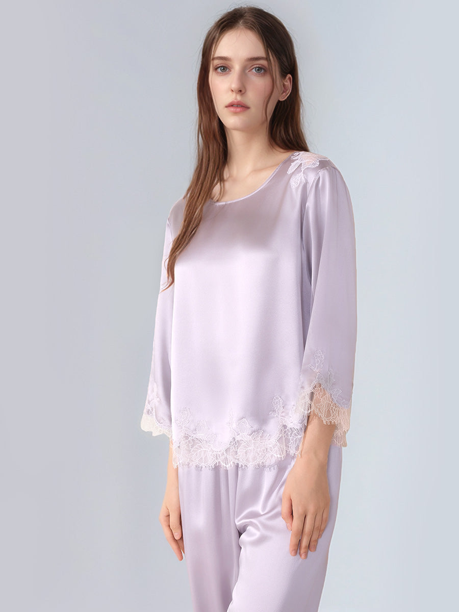 100% Mulberry Silk 3/4 Sleeve Pajama Set with Scalloped Lace Trim