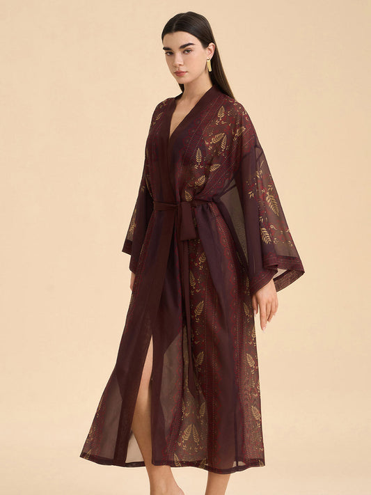 Plum Gold Leaf Sheer Kimono Robe