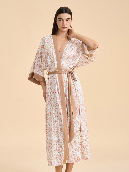 Geometric Jacquard Satin Kimono Robe