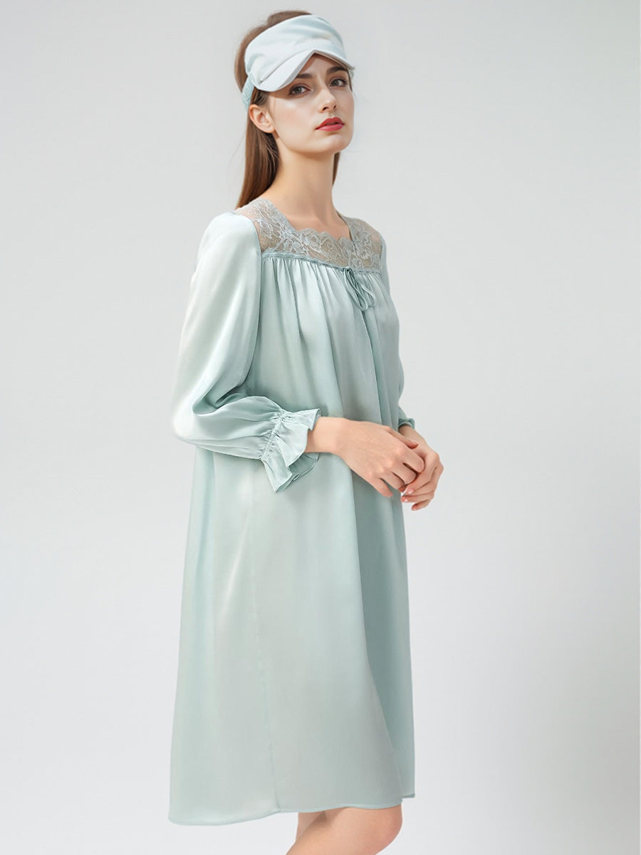 Ruffle Cuff 3/4 Sleeve 100% Pure Silk Elegant Sleep Dress