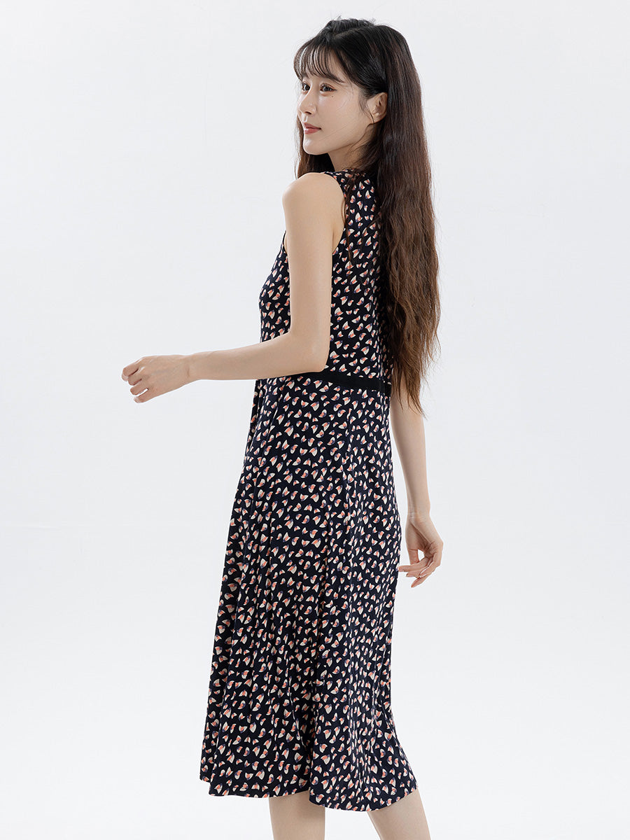 Midi Sleeveless Silk Blend Print Dress