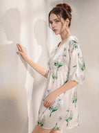 Loose Vintage Floral 100% Mulberry Silk Short Nightdress