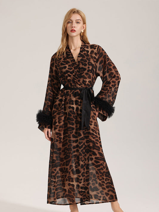 Leopard Print Satin Robe with Tulle Cuffs