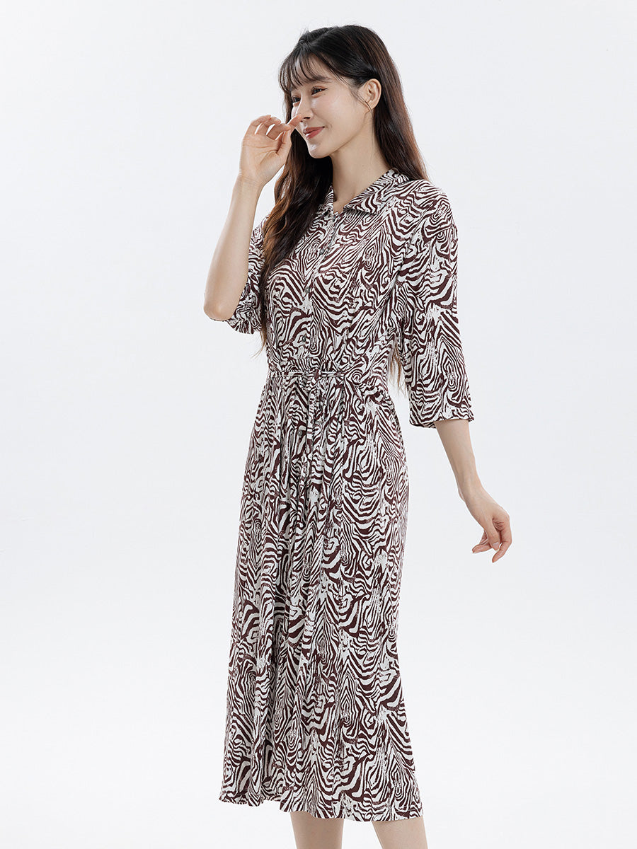 3/4 Sleeve Zebra Print Silk Blend Shirt Dress