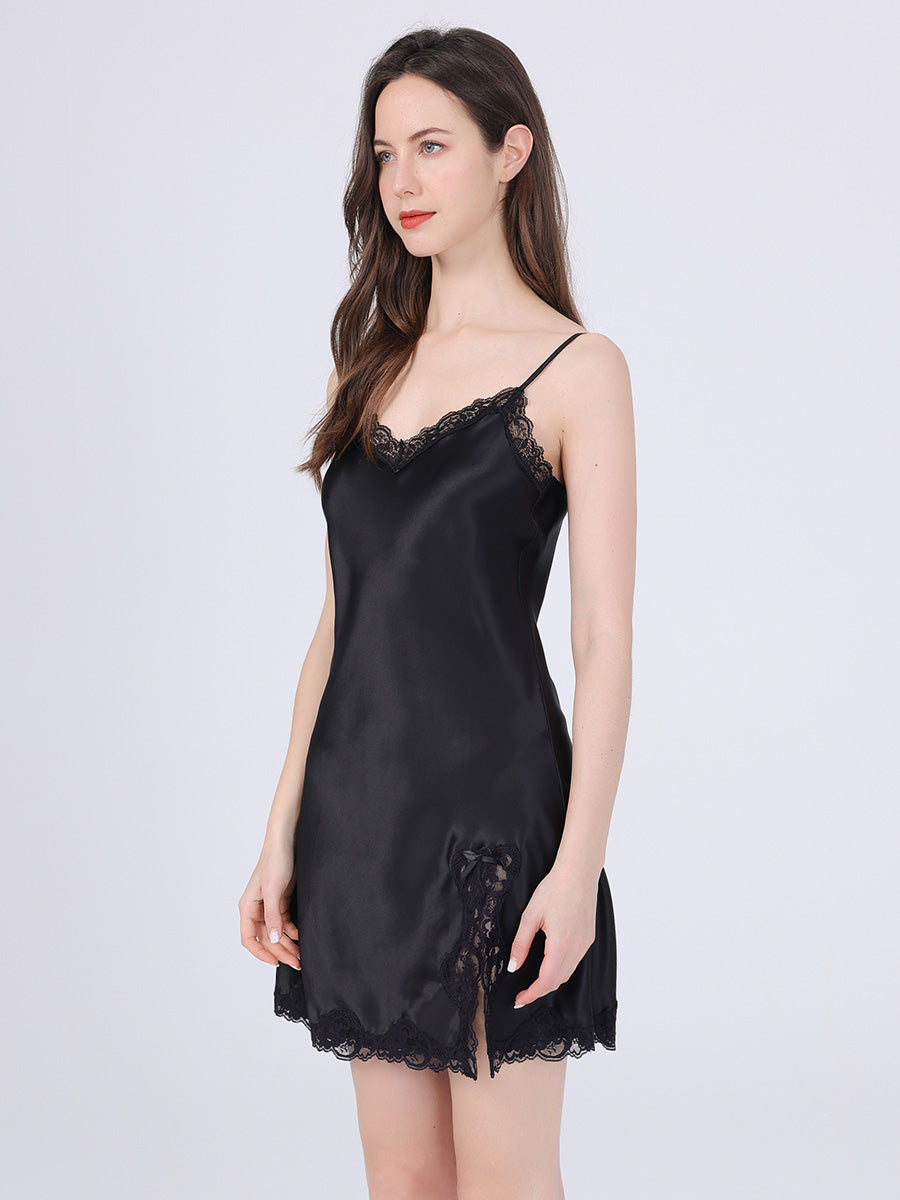 Lace Trim Mulberry Silk Slip Dress with Side Slit