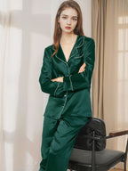 100% Mulberry Silk Rhinestone Trim Notched Collar Pajama Set