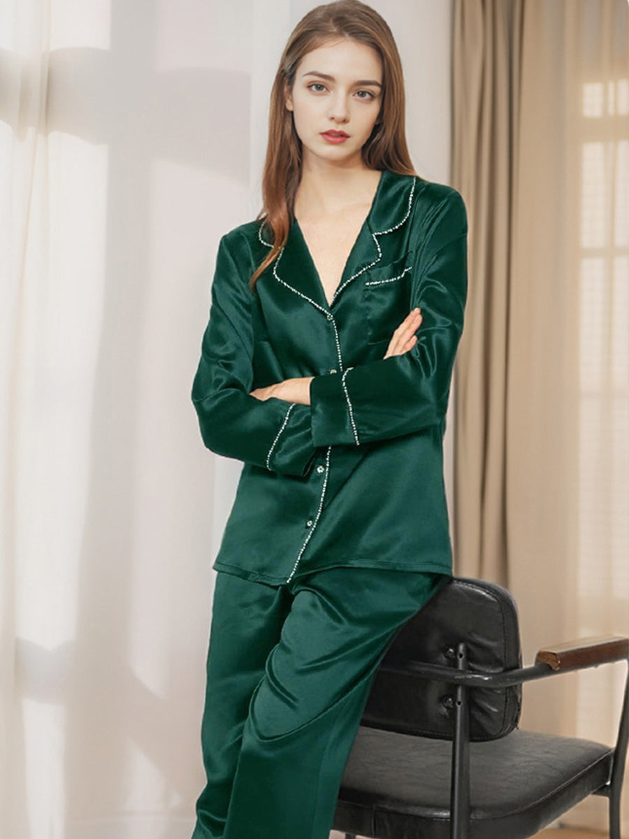 100% Mulberry Silk Rhinestone Trim Notched Collar Pajama Set