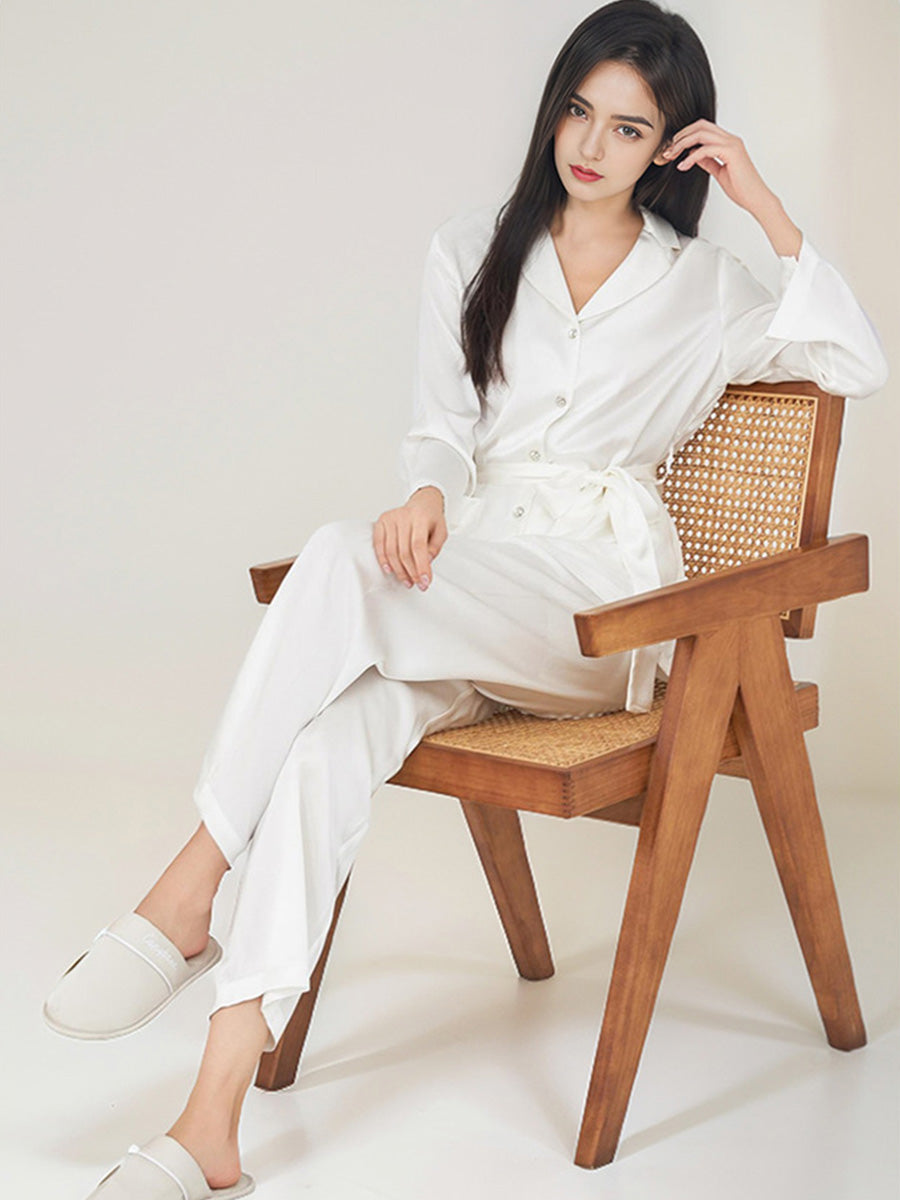 100% Mulberry Silk Belted Notched Collar Long Sleeve Pajama Set