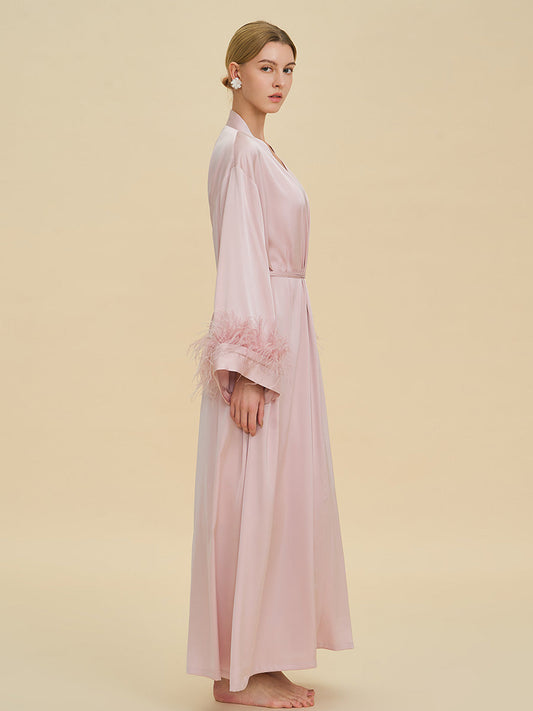 Blush Pink Satin Maxi Robe with Feather Cuffs