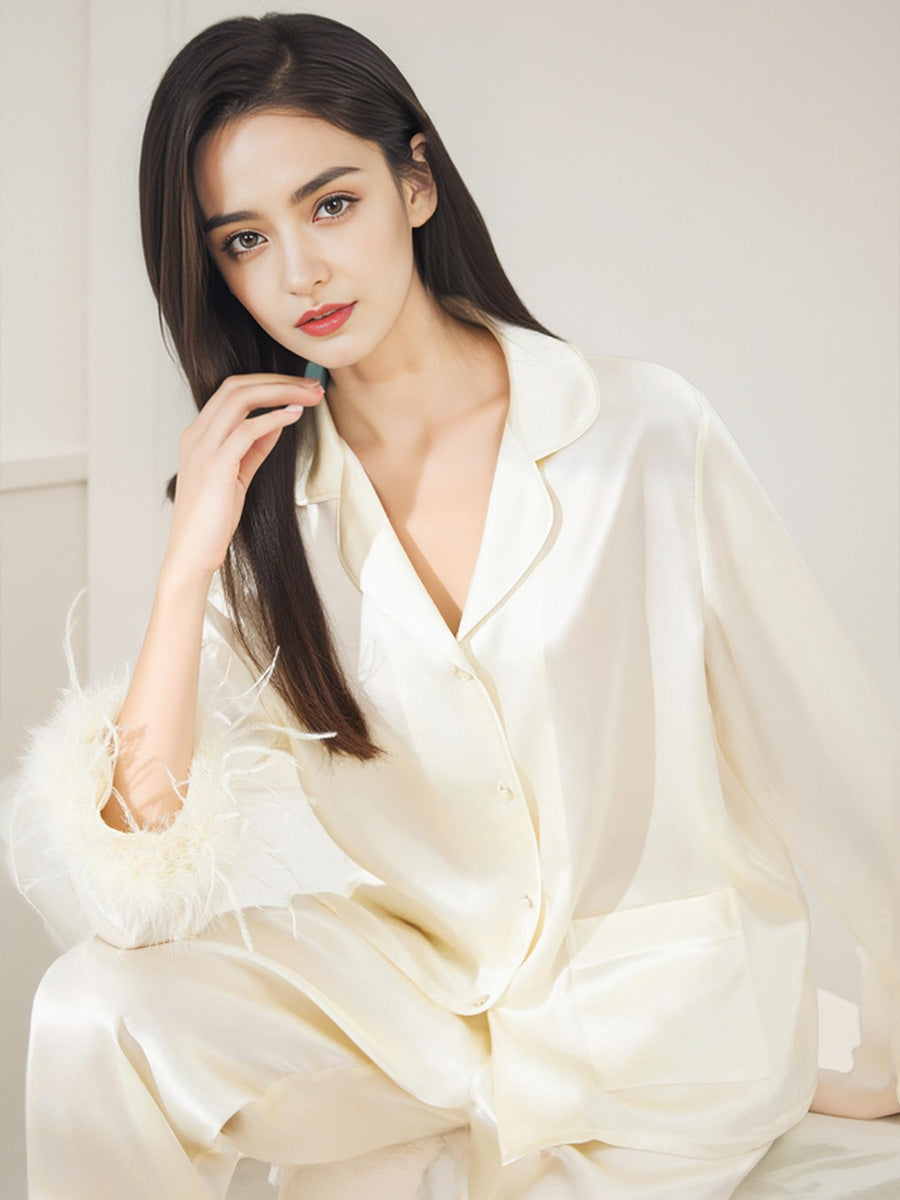 100% Mulberry Silk Ostrich Feather Trim Pajama Set