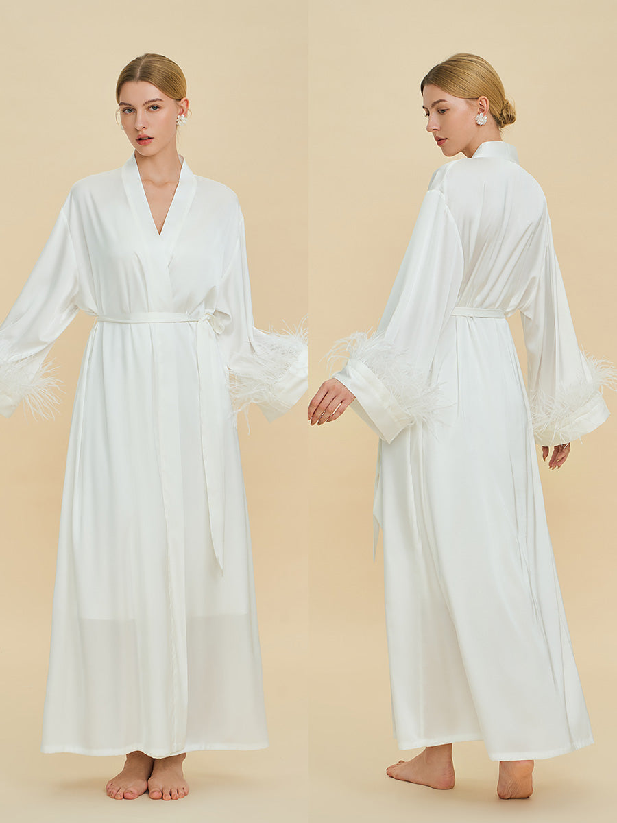 White Satin Maxi Robe with Feather Cuffs