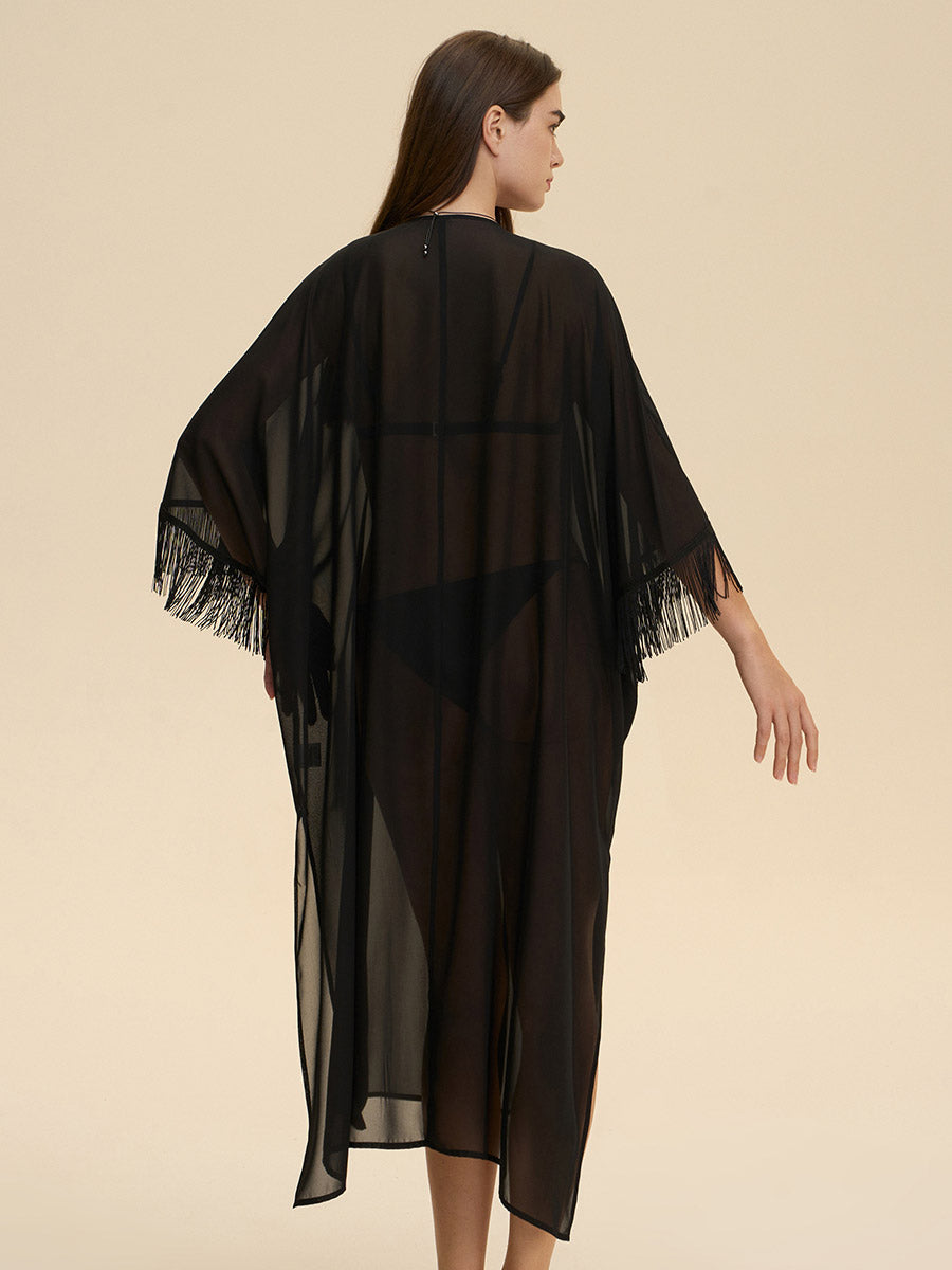 Fringe Trim Sheer Cover-Up Robe