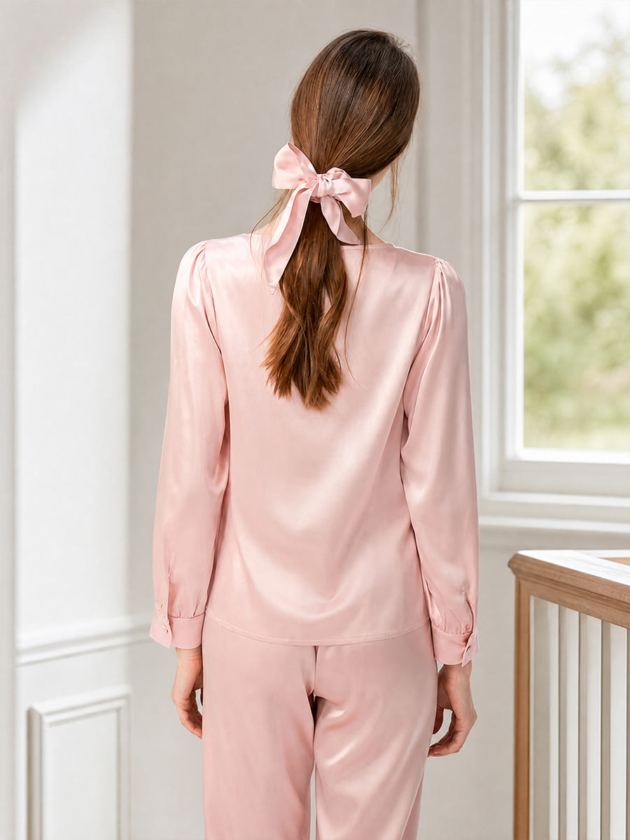 Scalloped Embroidered Bust Button Front Pure Silk Sleepwear Set