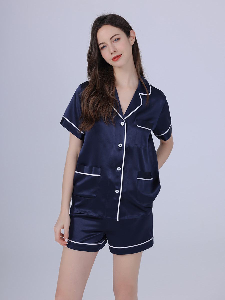 25 Momme Silk Short Sleeve Pajama Set with Contrast Piping